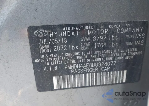 2013 Hyundai Elantra Gls z USA, uszkodzony, nr VIN KMHDH4AE8DU928077